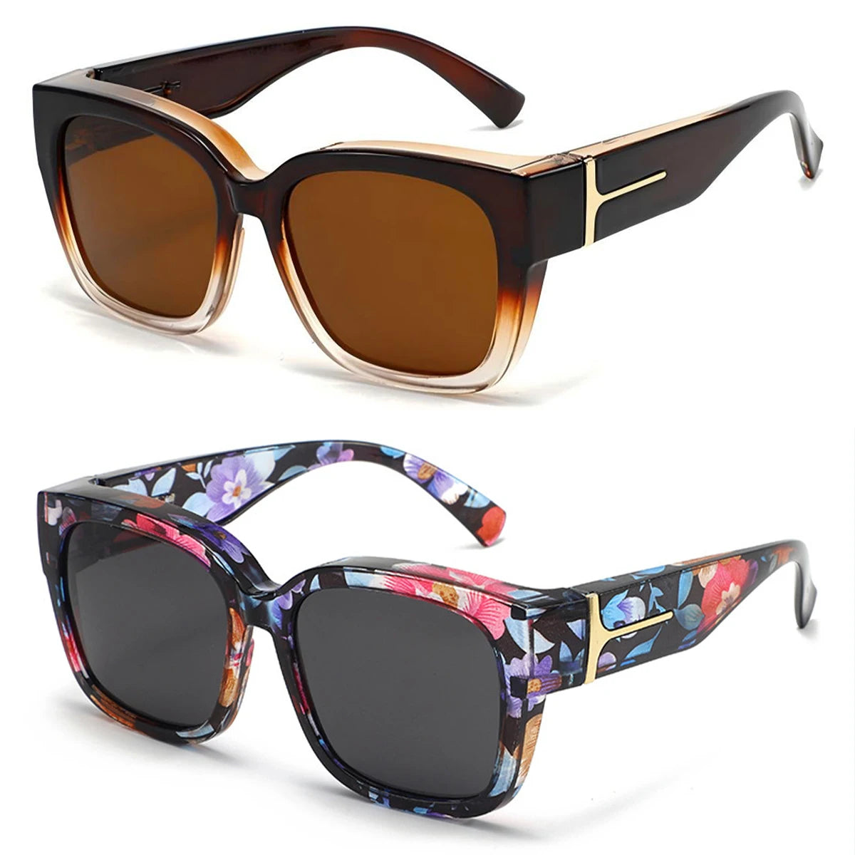 A pair of oversized brown sunglasses with gold accents and a pair of dark purple floral patterned sunglasses.