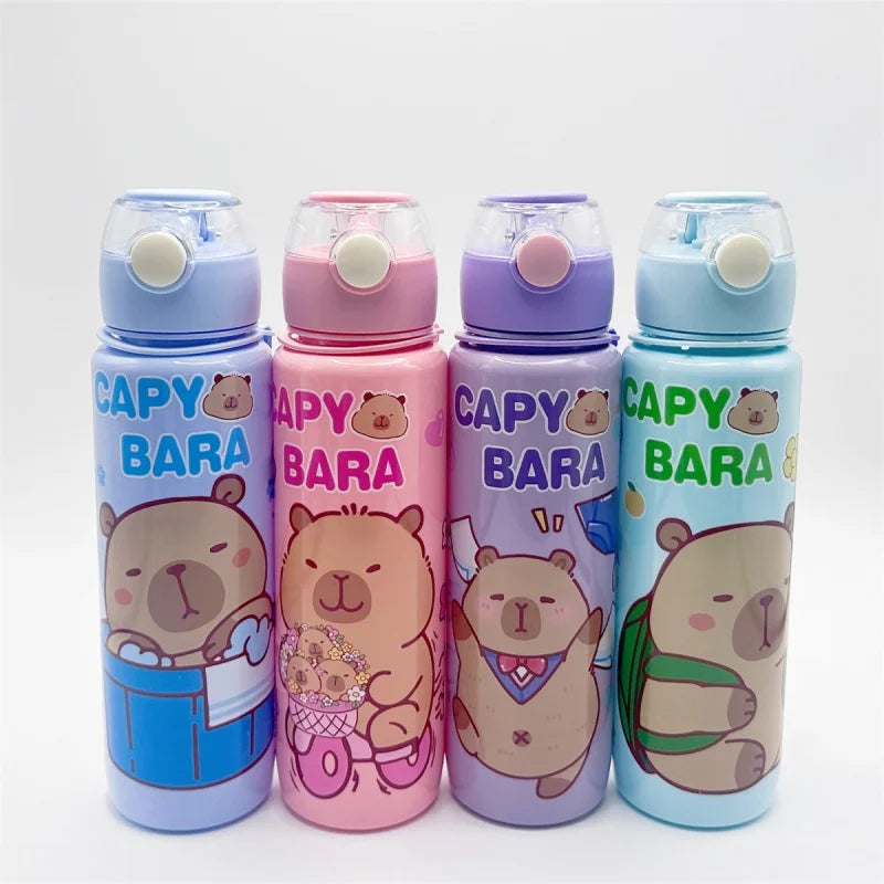 Four colorful insulated water bottles featuring cute bear designs in blue, pink, purple, and light blue.
