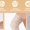 Roll of beige athletic foam tape shown in various applications for joint protection and support.
