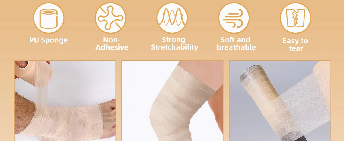 Rollo de cinta de espuma deportiva beige mostrado en diversas aplicaciones para protección y soporte de lesiones.