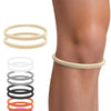 Sangles de soutien pour tendon rotulien de différentes couleurs, montrées à côté d'une jambe pour soulager la douleur
