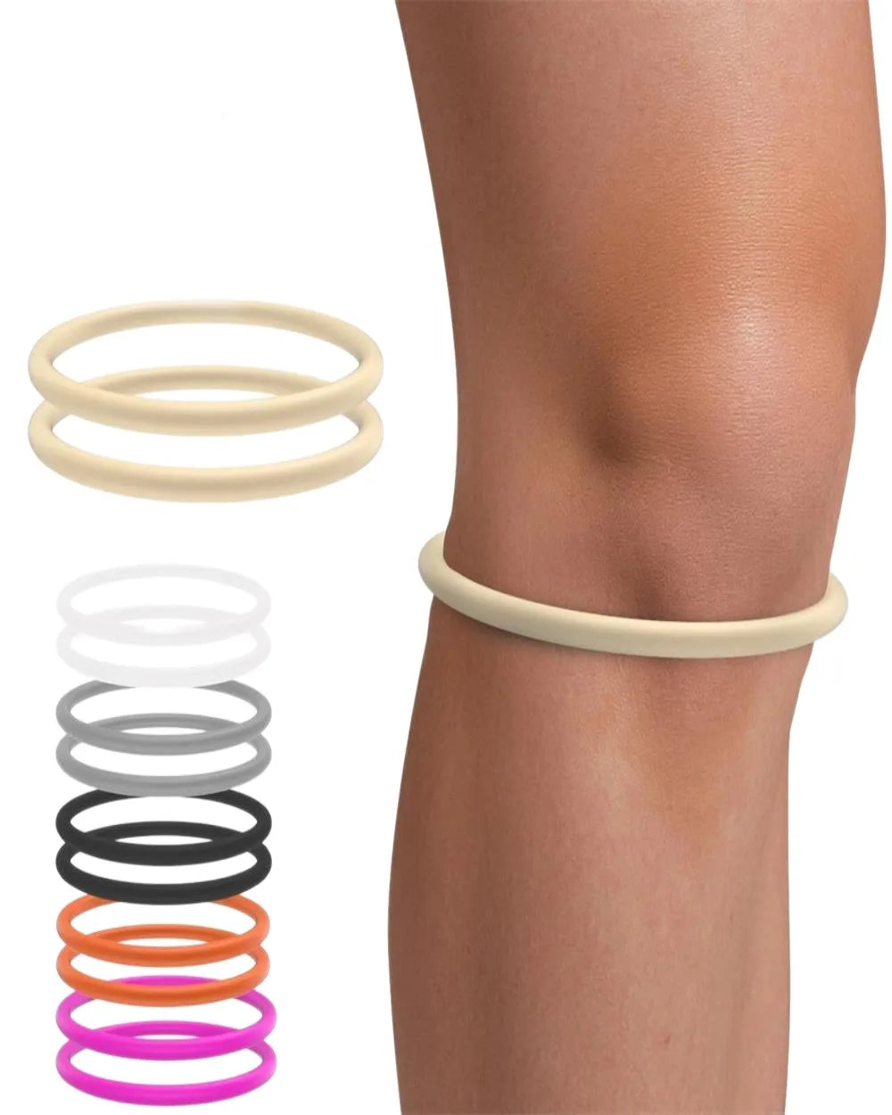 Sangles de soutien pour tendon rotulien de différentes couleurs, montrées à côté d'une jambe pour soulager la douleur