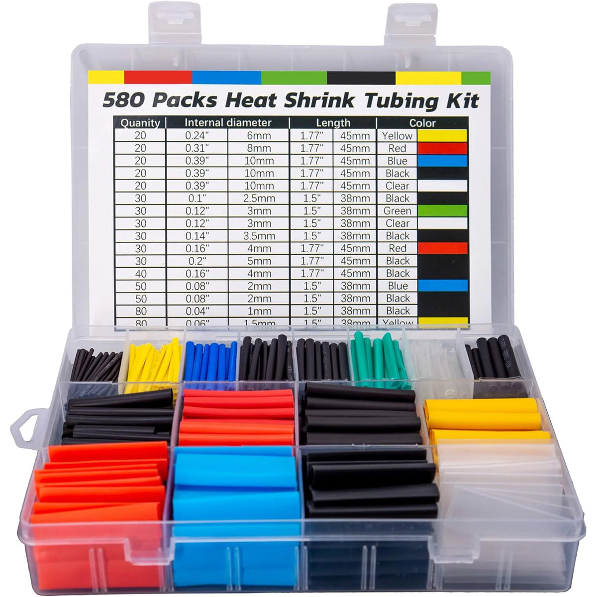 Una caja con 580 paquetes de kits de tubo termocontraíble de varios diámetros y colores para aislamiento eléctrico.