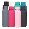 A row of eight double-layer vacuum thermos cups in various colors including black, white, teal, and pink.