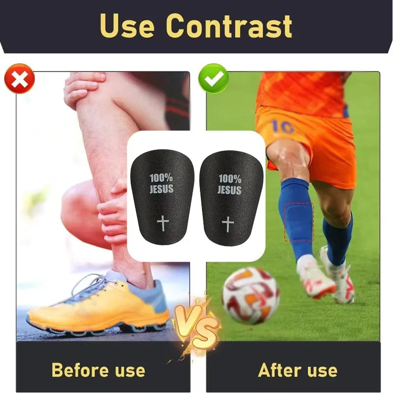 Comparison showing lightweight soccer shin guards before and after use.