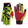 A pair of bright yellow and red cycling gloves with black accents shown against a white background.