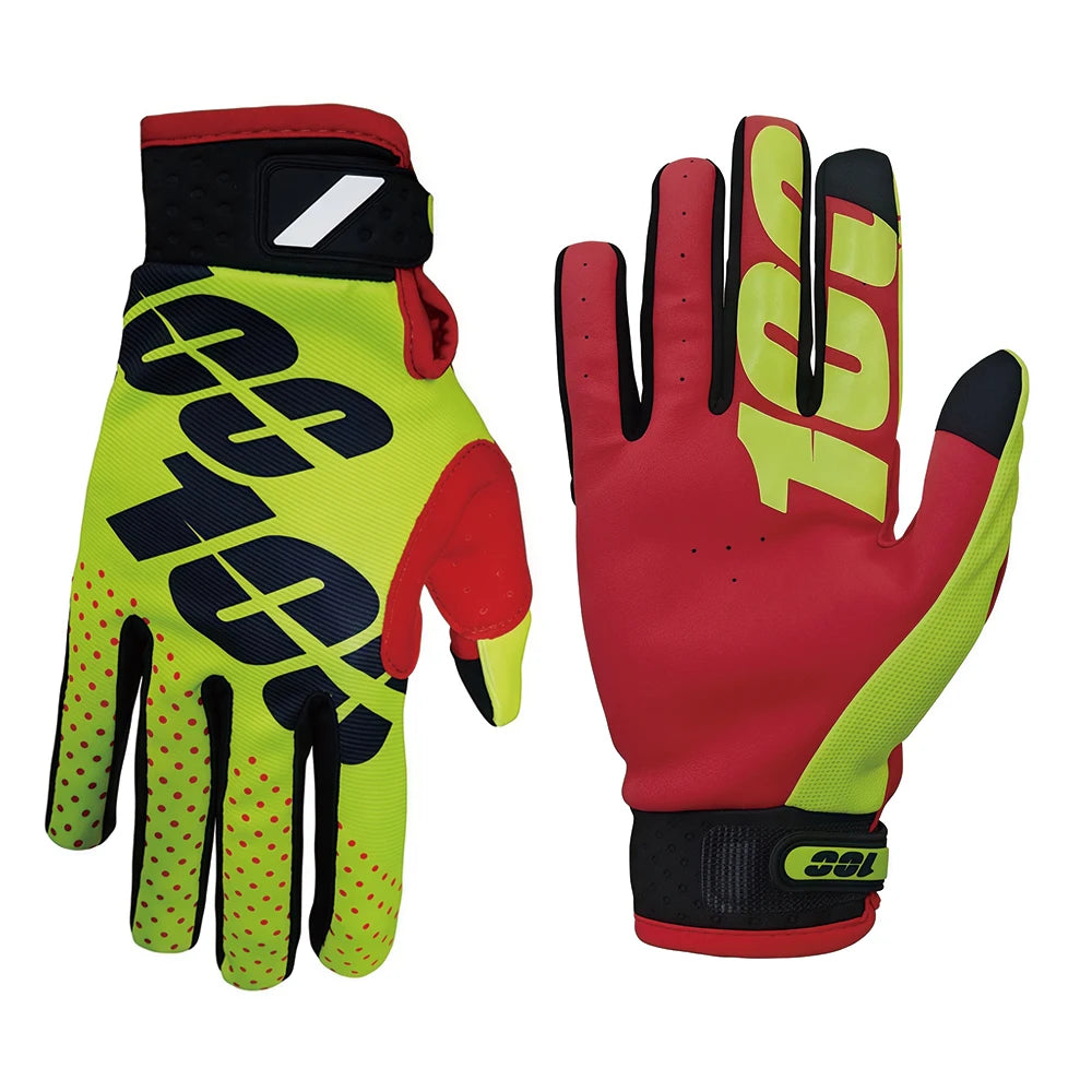 A pair of bright yellow and red cycling gloves with black accents shown against a white background.