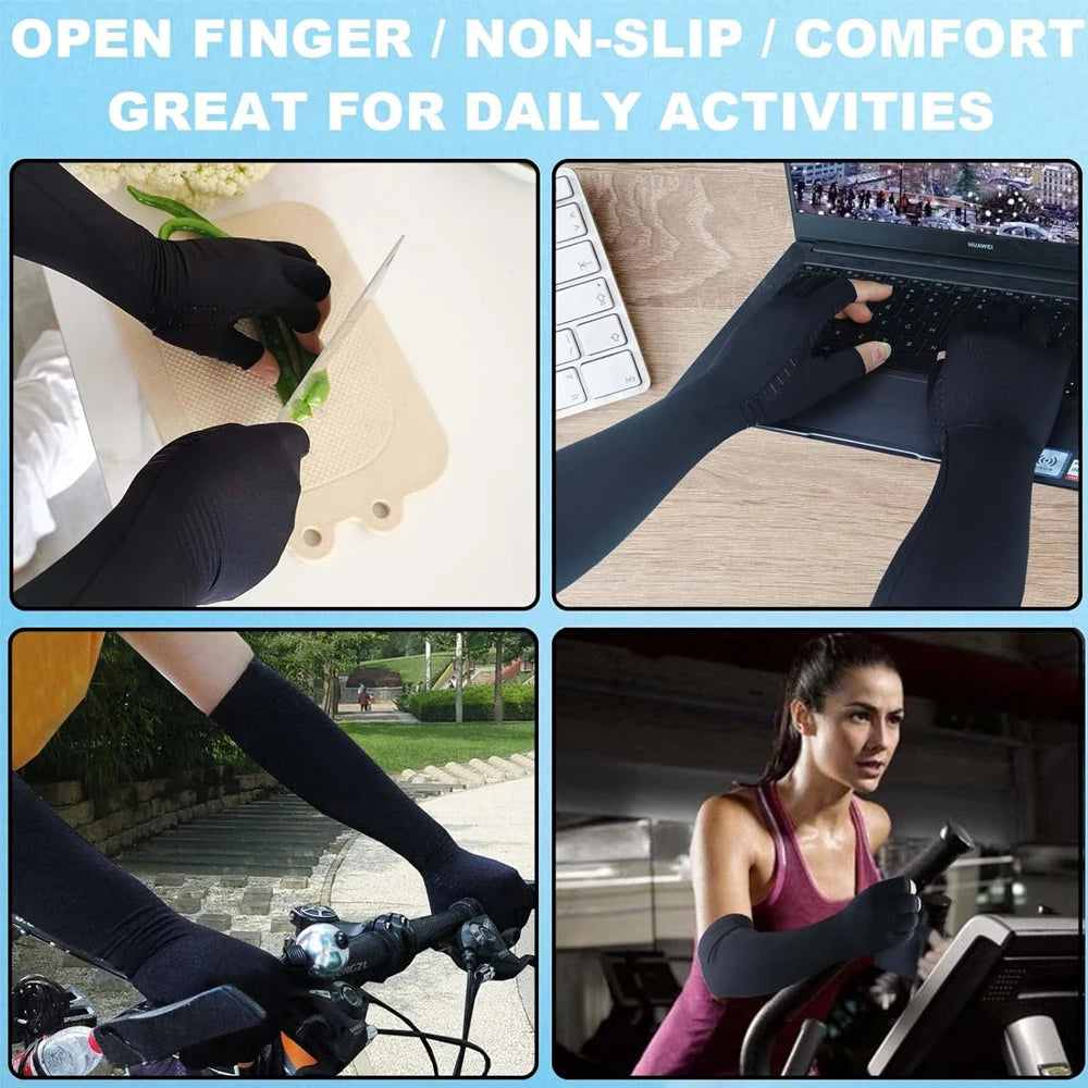 Black compression gloves for daily activities shown on hands, arms, and a person riding a bicycle.
