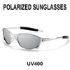 Silver polarized sunglasses with black arms and UV400 protection.