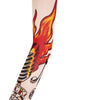 A long seamless tattoo sleeve featuring a vibrant orange and yellow flame design.