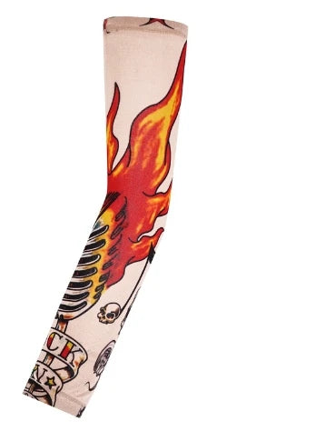 A long seamless tattoo sleeve featuring a vibrant orange and yellow flame design.