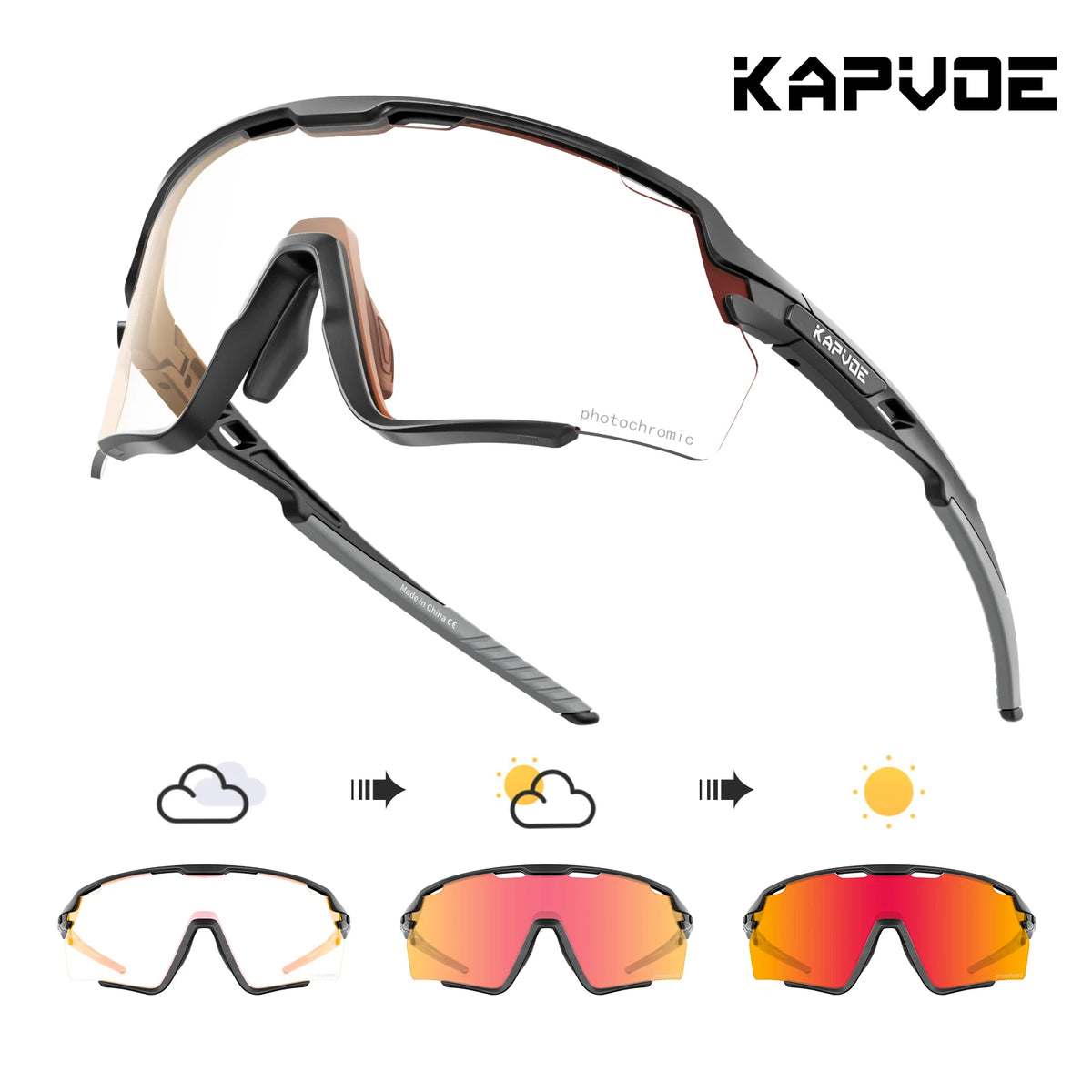 A pair of Kapvode photochromic cycling sunglasses shown in various states of light tinting.