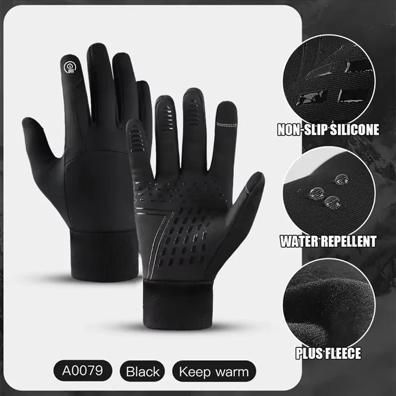 Black non-slip silicone water repellent gloves with plus fleece for outdoor cycling and fitness