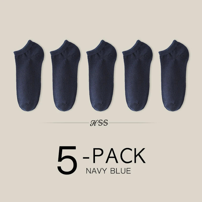 A pack of five navy blue women's thin cotton no-show socks.