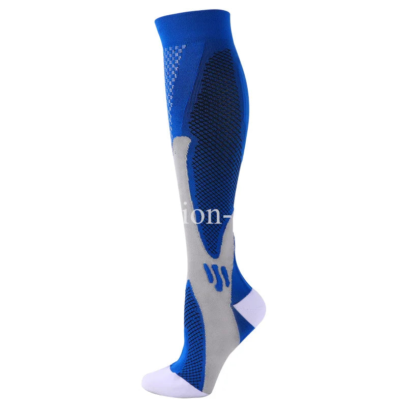 A blue compression sock with a gray and white pattern, designed for veins and pregnancy.