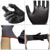 A set of black durable nitrile coated safety work gloves shown in various close-up angles and usage contexts.