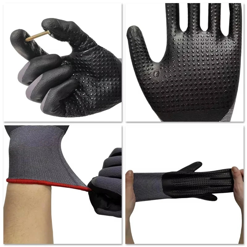 A set of black durable nitrile coated safety work gloves shown in various close-up angles and usage contexts.