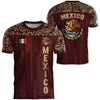 A dark maroon men's graphic t-shirt featuring Mexican flag and national symbols design