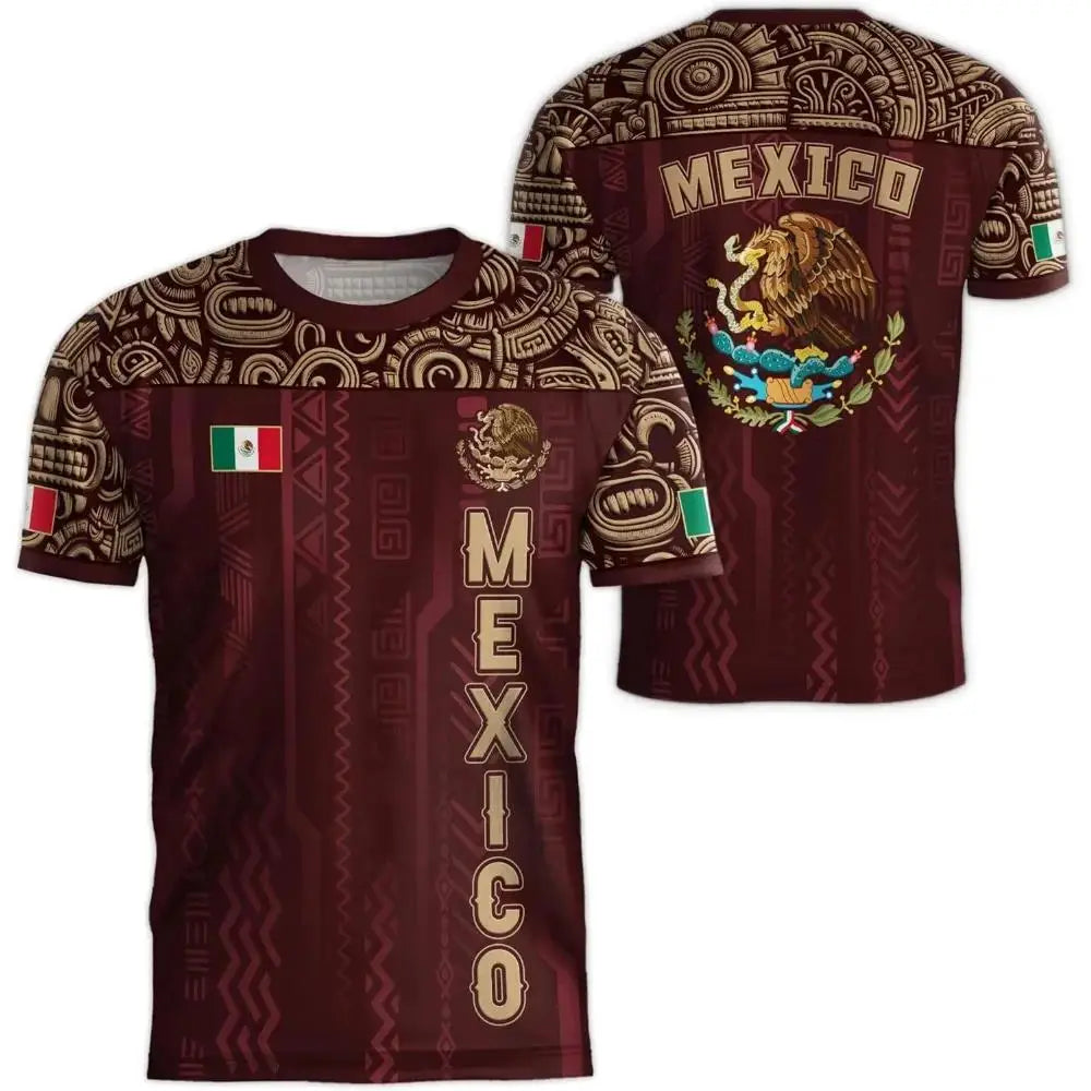 A dark maroon men's graphic t-shirt featuring Mexican flag and national symbols design