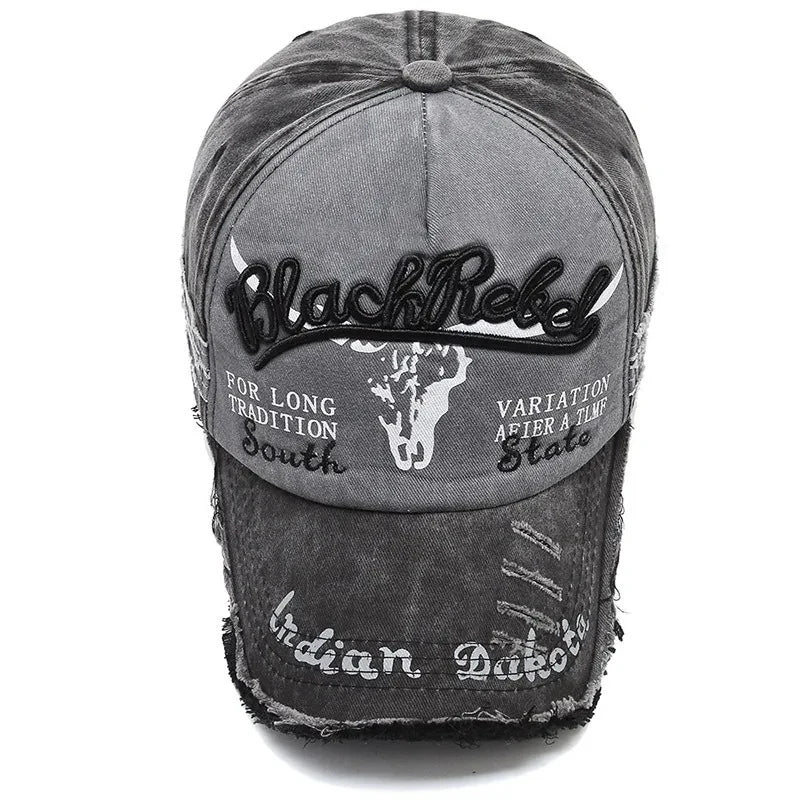 Vintage Washed Cotton Baseball Cap with Embroidered Cow Head