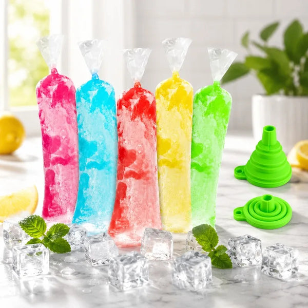 Five colorful disposable popsicle mold bags in pink, blue, red, yellow, and green stand upright on a white surface with ice c