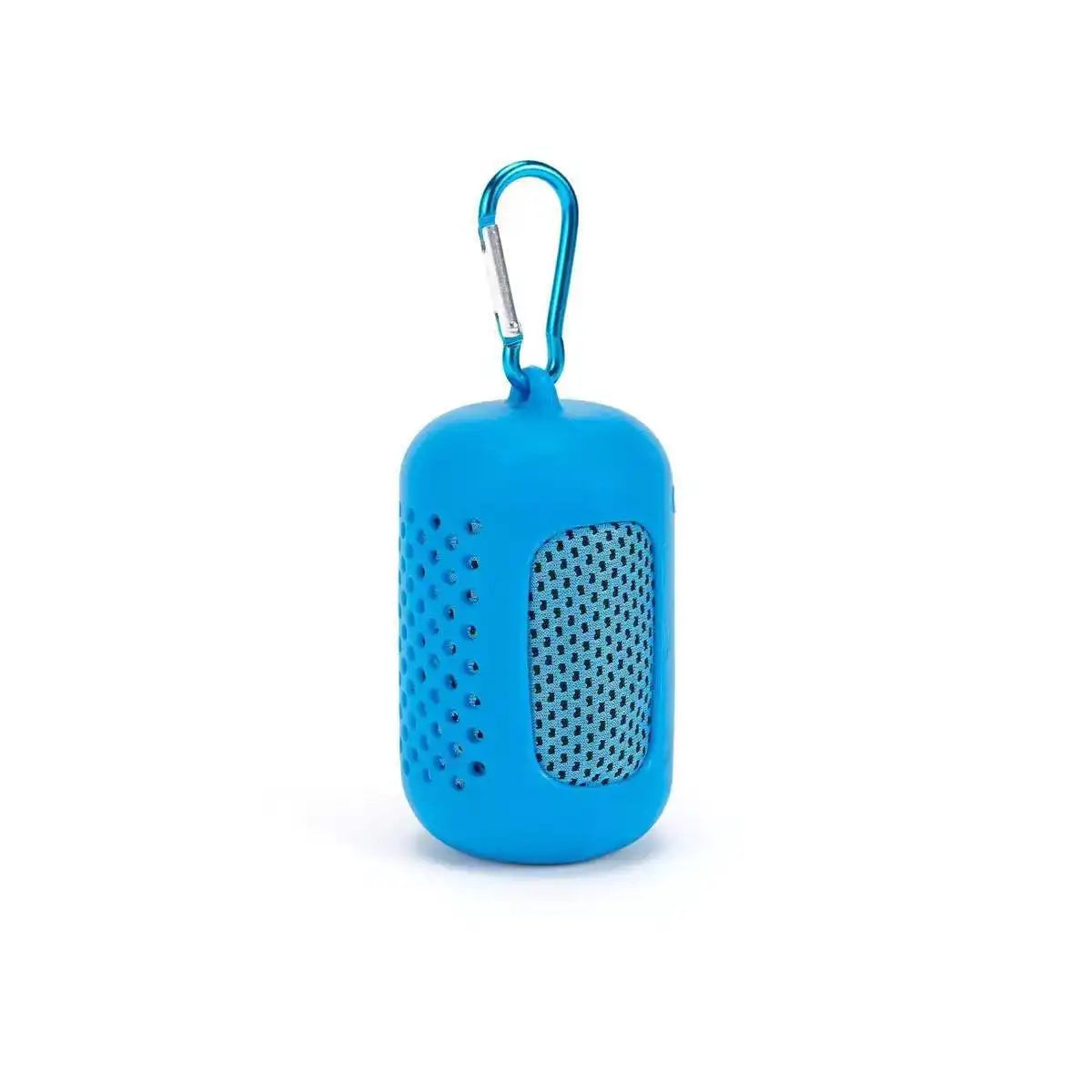 Serviette de refroidissement circulaire bleu vif avec boucle métallique pour sport et fitness.