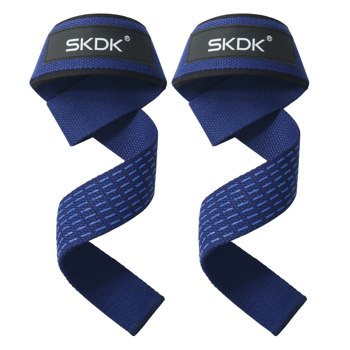 A pair of dark blue gym weightlifting straps with black branding shown against a white background.