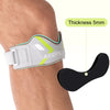 A knee strap worn on the lower leg, showing a black pad for pain relief and stabilization.