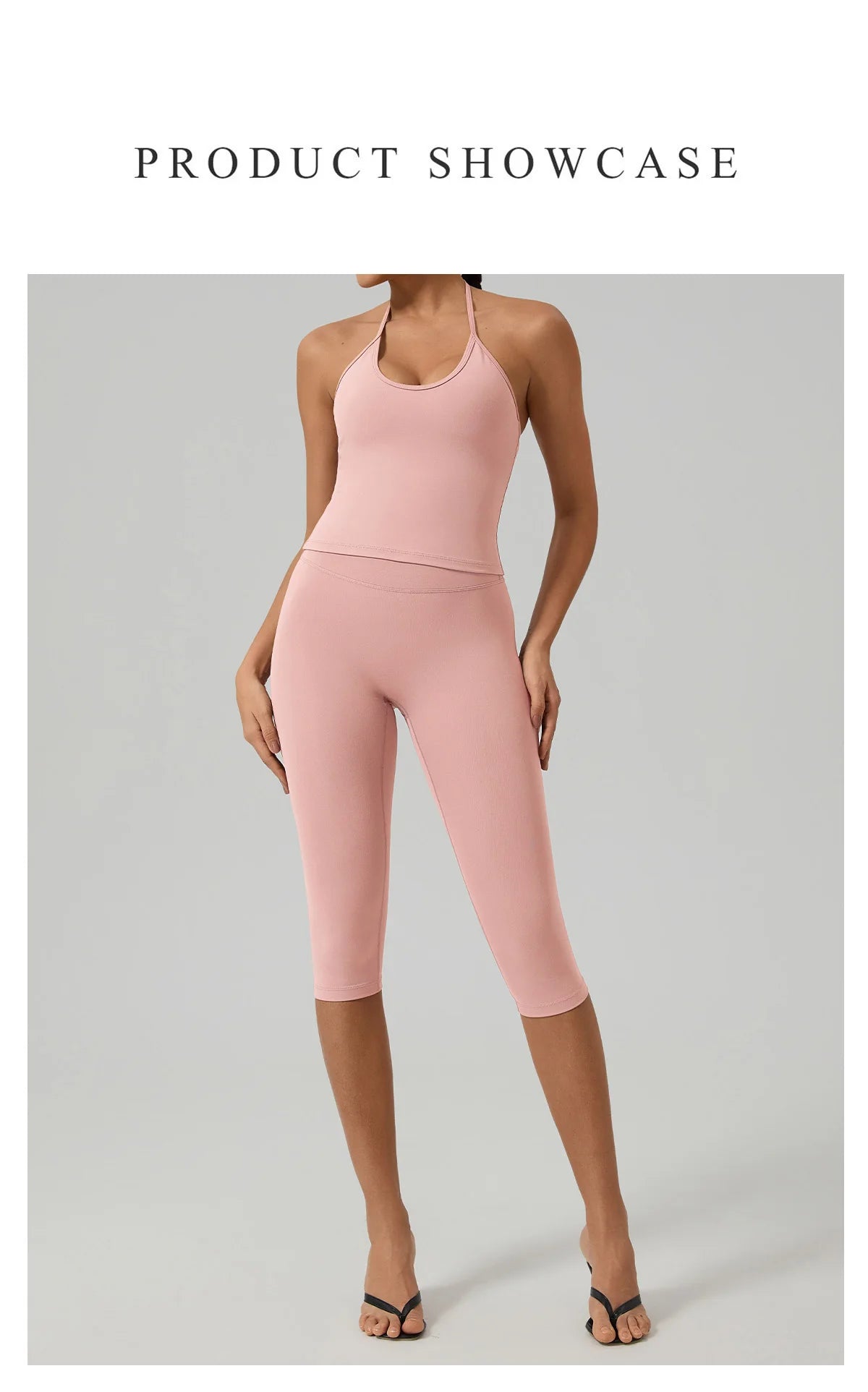 Eine Frau modelliert ein rosa Yoga-Activewear-Set für Damen, bestehend aus Tanktop und Leggings.