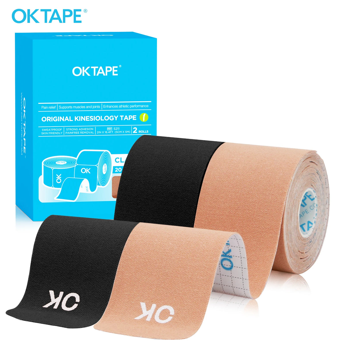 Rolls of black and tan OKTAPE kinesiology tape for muscle support and athletic recovery