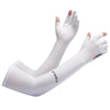 White UV protection arm sleeves worn on an arm, showing the sleeve design and fit.
