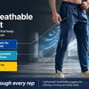 A man wearing dark blue breathable jogger pants is shown in a studio setting, highlighting features like secure pockets and l