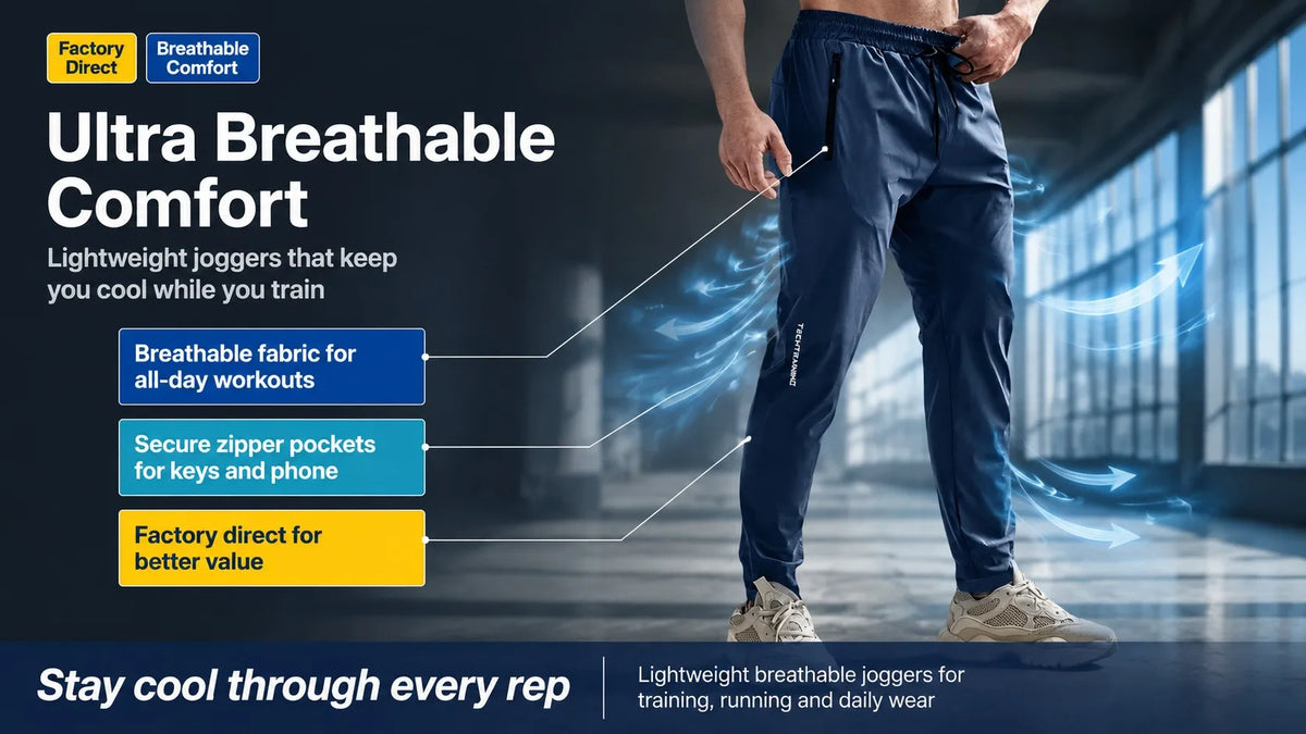 A man wearing dark blue breathable jogger pants is shown in a studio setting, highlighting features like secure pockets and l