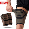 Pair of copper anti-slip thigh compression sleeves being held by a hand.