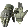 A pair of tactical PU leather finger gloves in olive green and gray fabric.