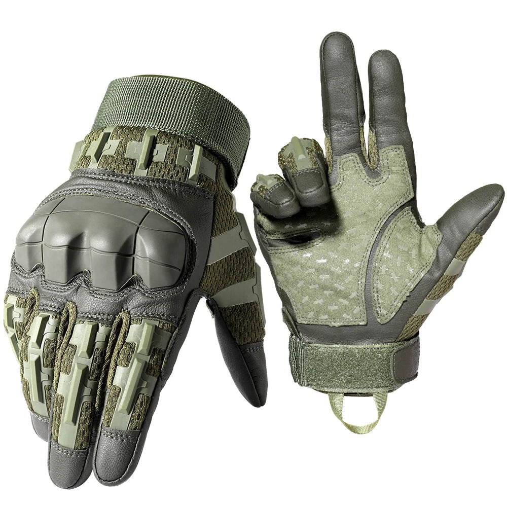 A pair of tactical PU leather finger gloves in olive green and gray fabric.