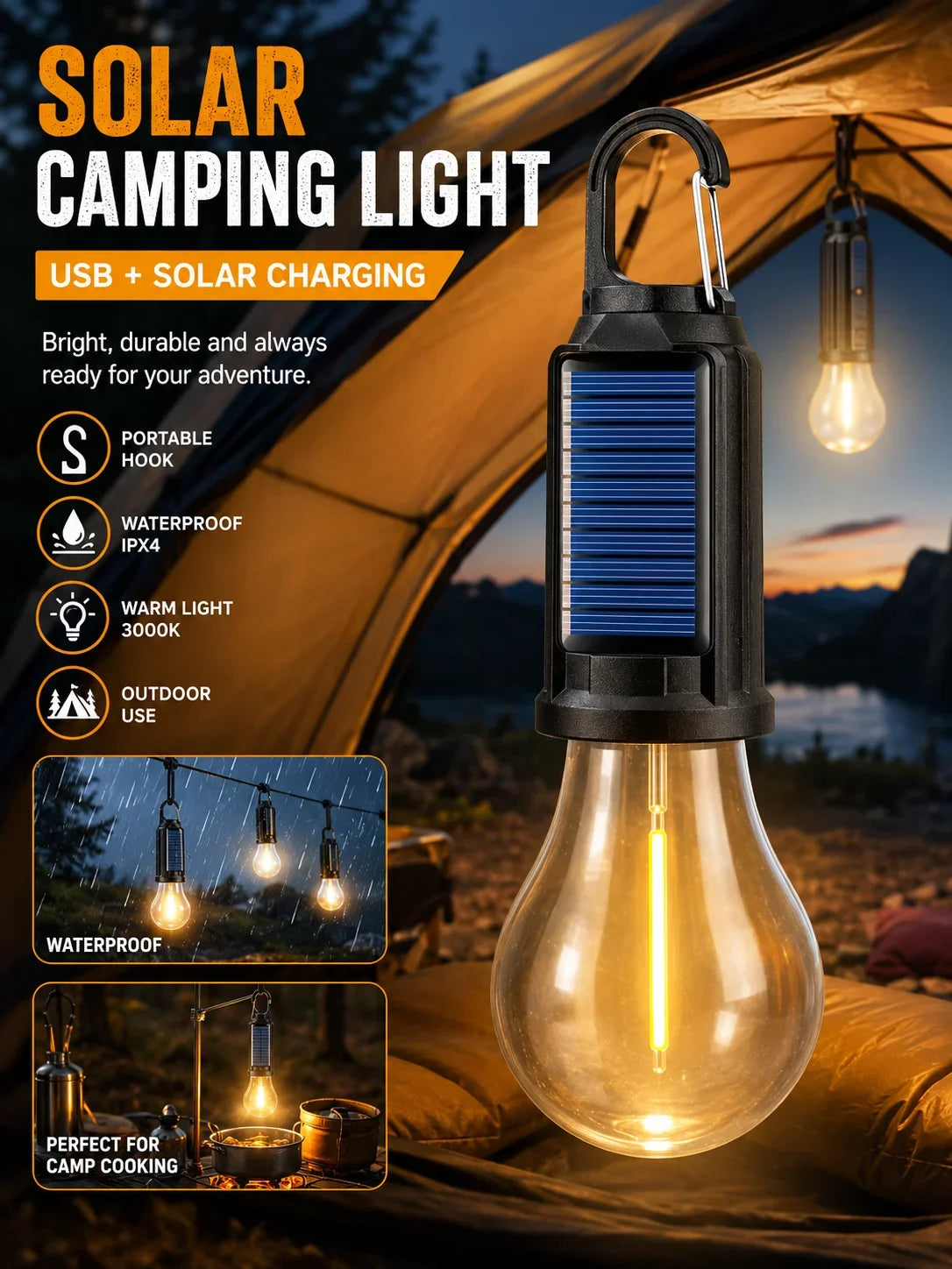 A solar camping light lantern with a glass bulb is shown inside a tent setting.