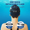 A person is shown wearing a black detachable clasp on a swimming cap for easier use of goggles.
