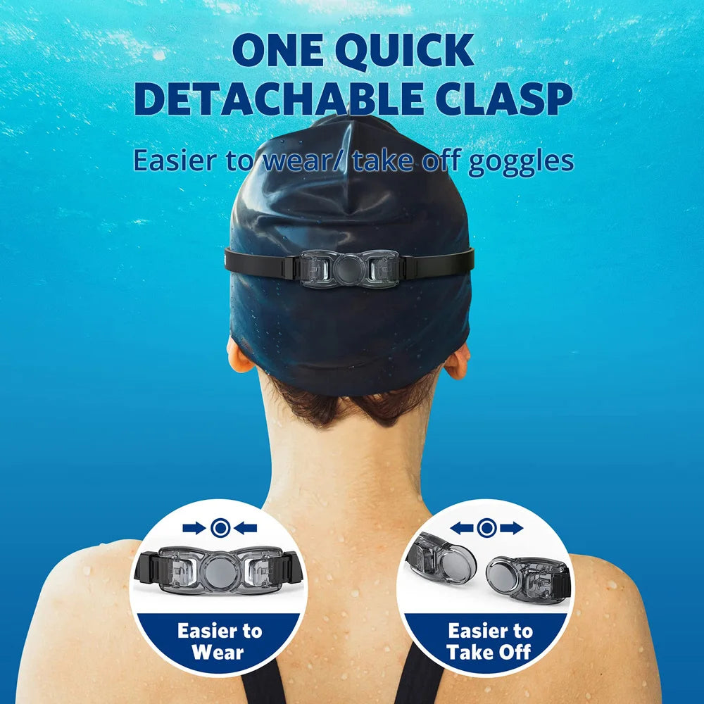 A person is shown wearing a black detachable clasp on a swimming cap for easier use of goggles.