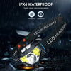 A black LED headlamp is shown in a dark, rainy environment with snow and water droplets falling.