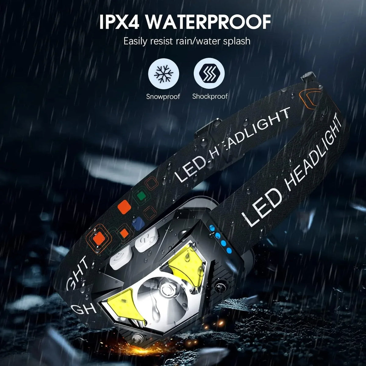 A black LED headlamp is shown in a dark, rainy environment with snow and water droplets falling.
