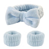 Light blue microfiber spa headband and wristband set shown in two views