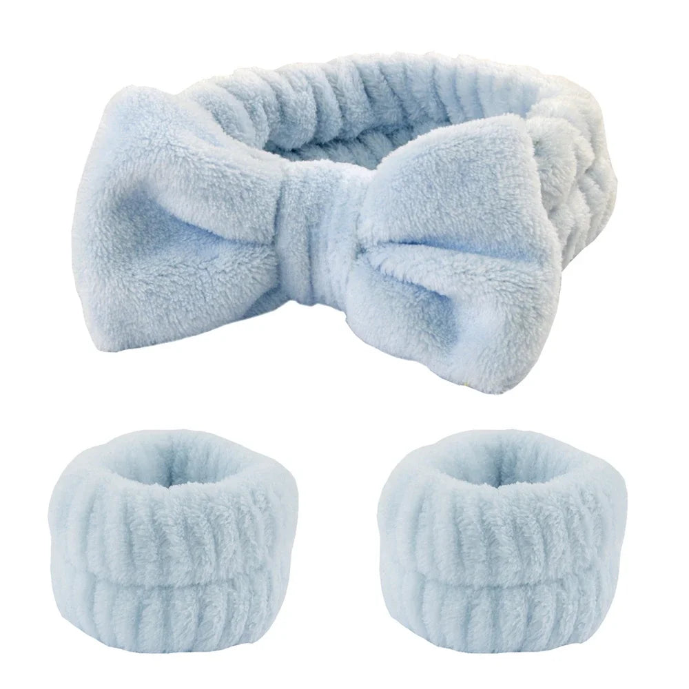 Light blue microfiber spa headband and wristband set shown in two views