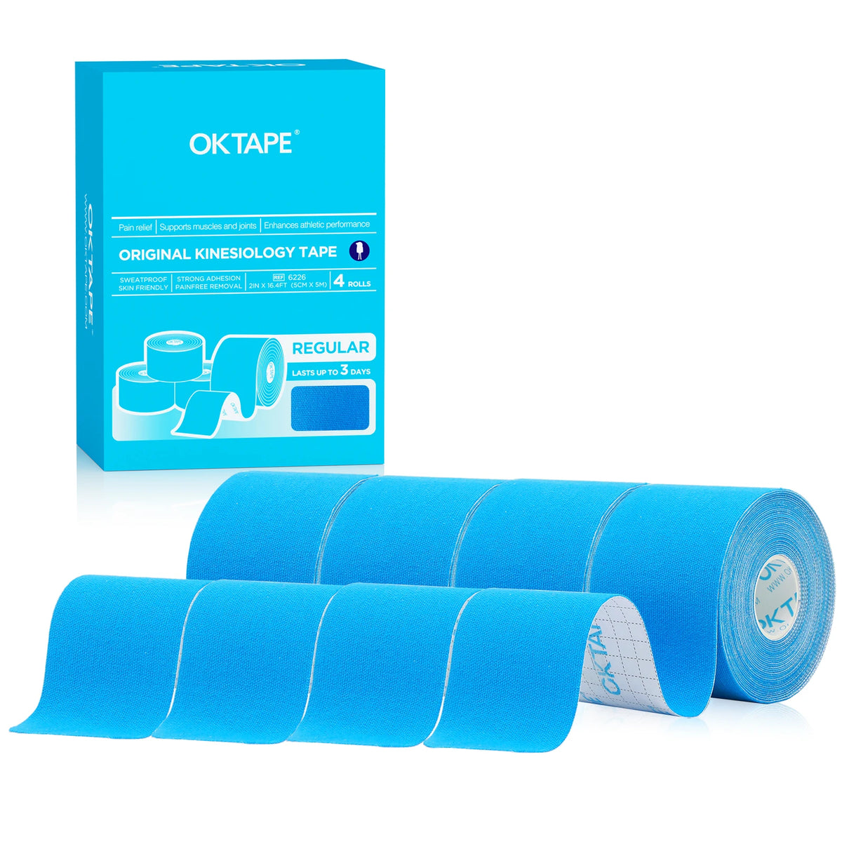 Box and roll of blue kinesiology tape for athletic recovery