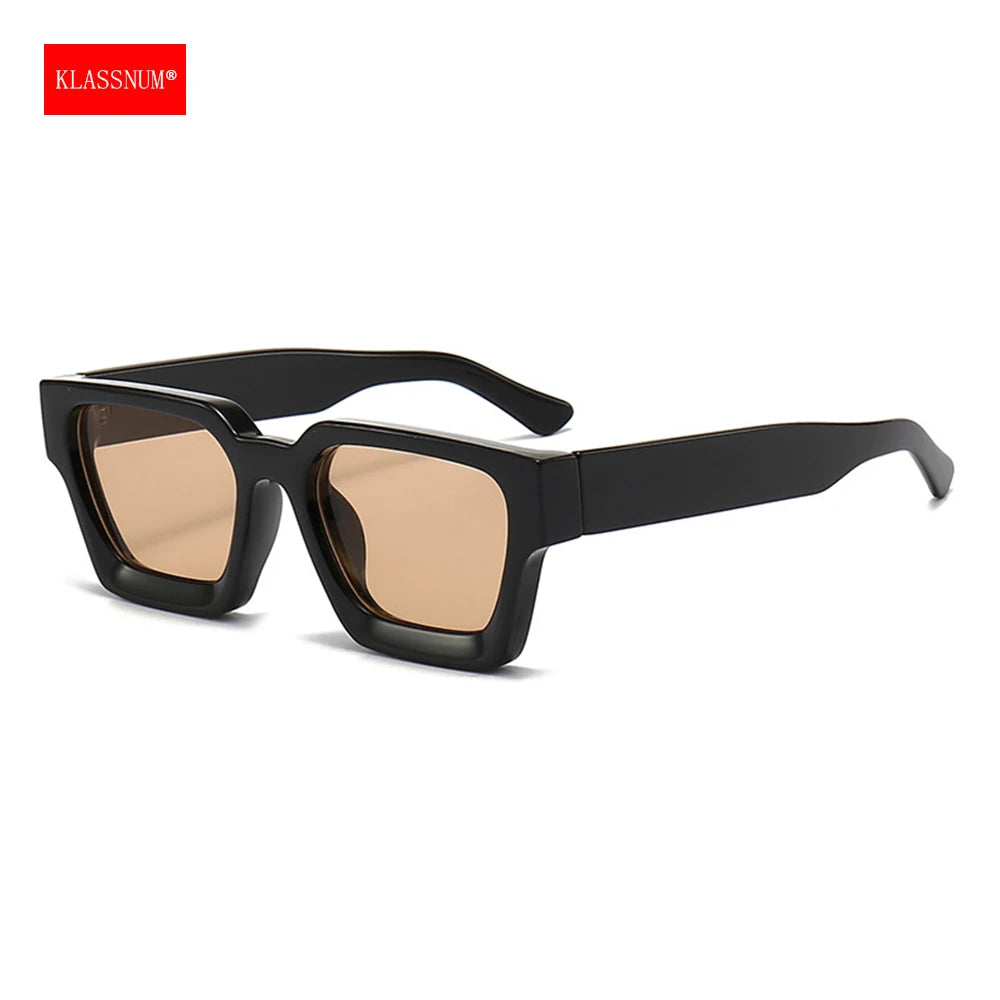 Black retro square frame sunglasses with amber lenses and UV400 protection