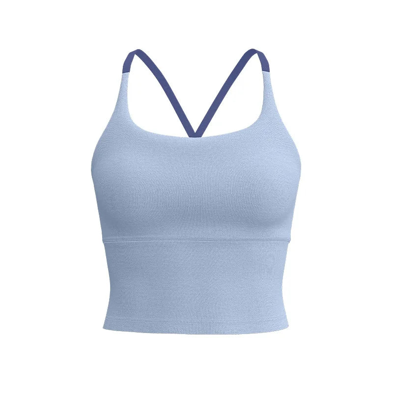 Light blue supportive women's sports bra with a V-neck design