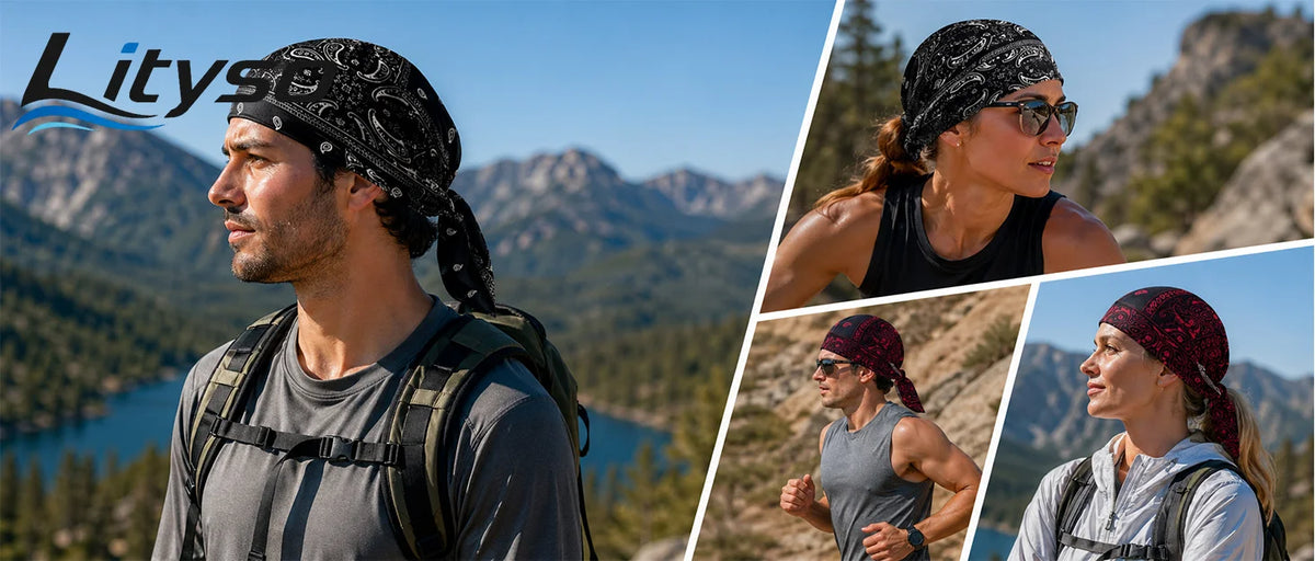 Un homme portant un bonnet foulard paisley noir randonne dans un paysage montagneux.