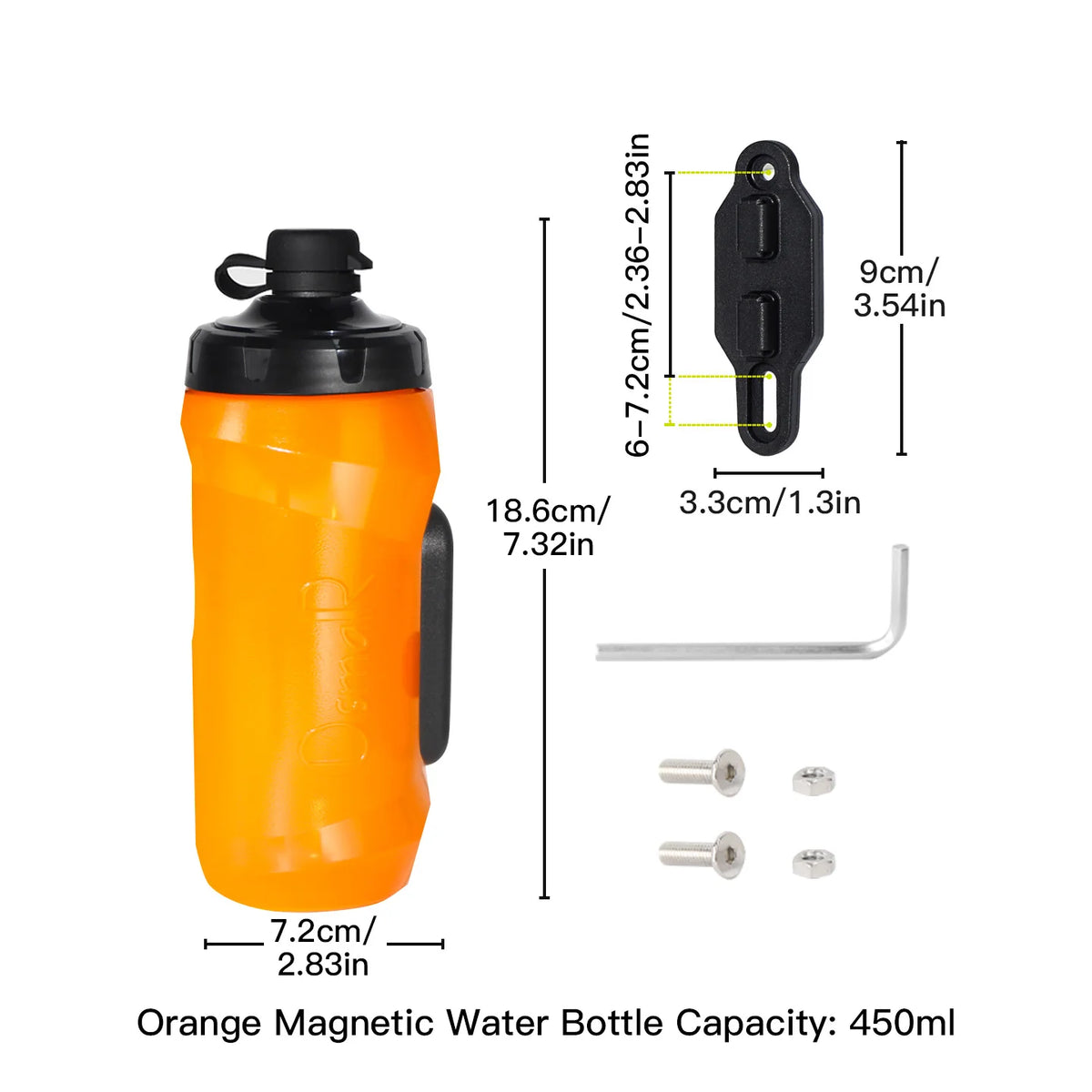 Orange magnetic water bottle with a quick-release cap and cleaning tool