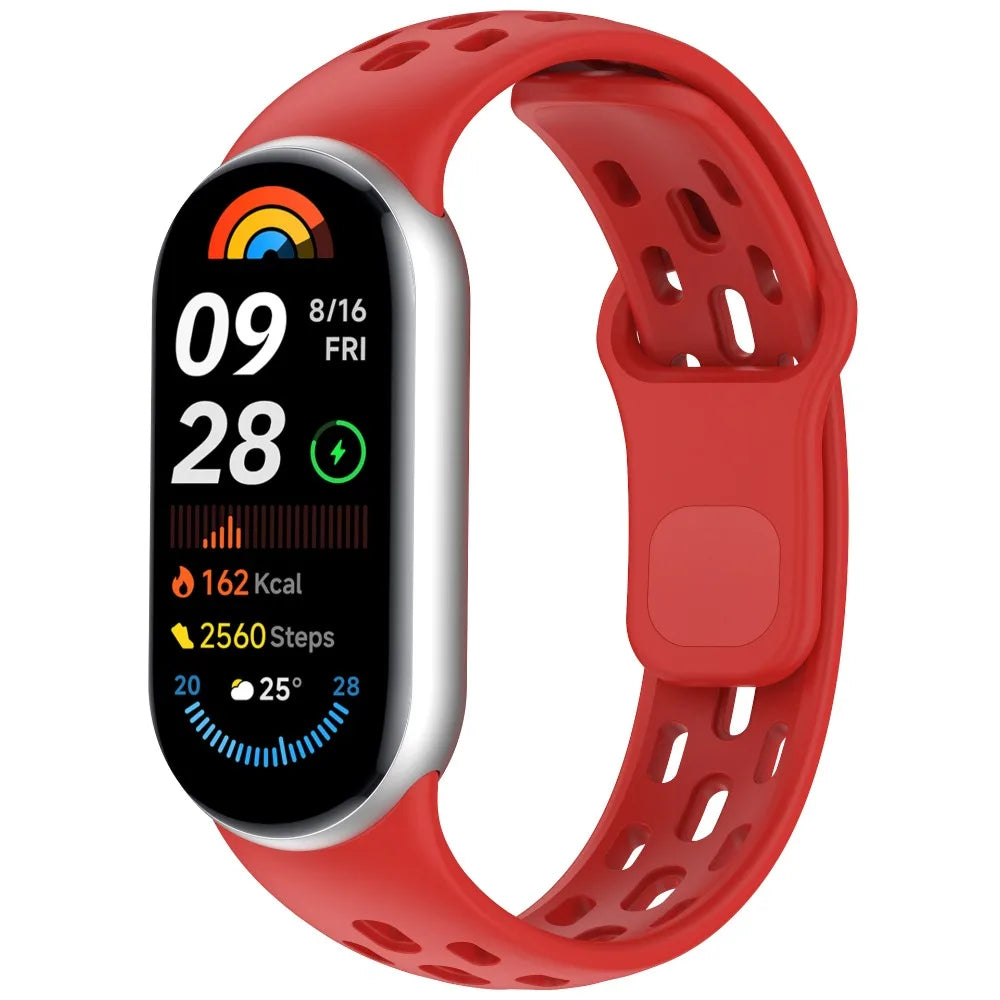 A red silicone smart watch band with a silver casing and a black digital display showing health metrics.