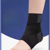 Black adjustable ankle support brace worn on a person's lower leg.